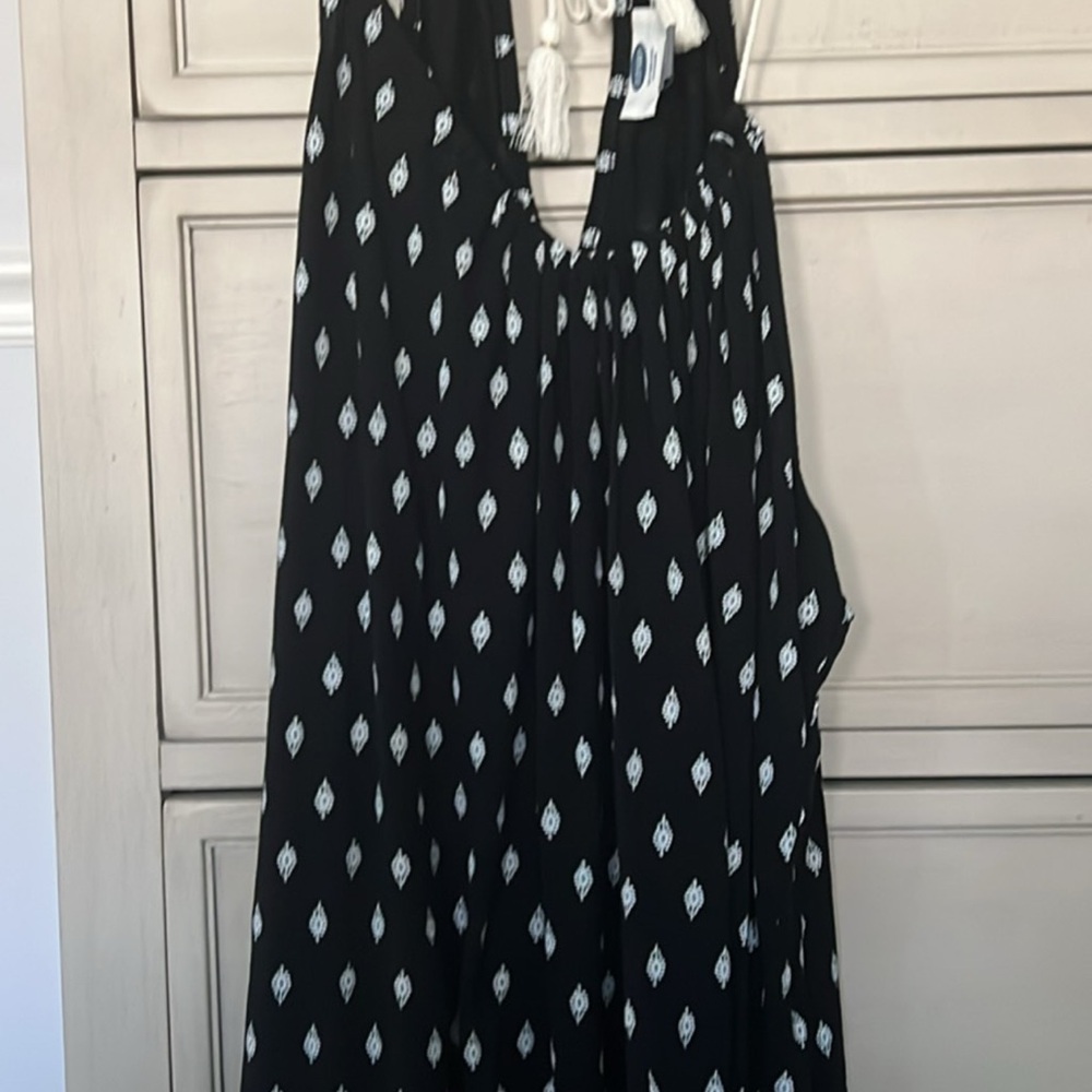 Old Navy Black Halter Tunic with White Geometric Print and Tassels